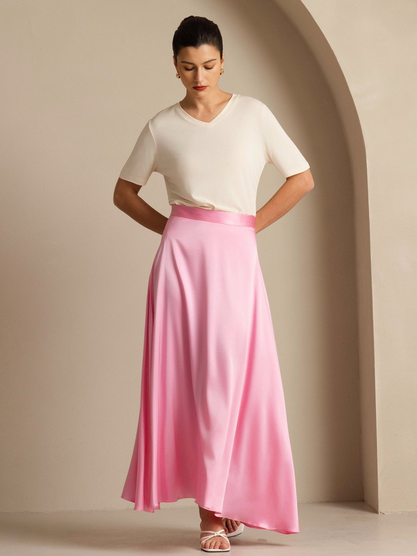 Rosstef 19Momme İpek A Çizgili Maxi Etek ile Lining