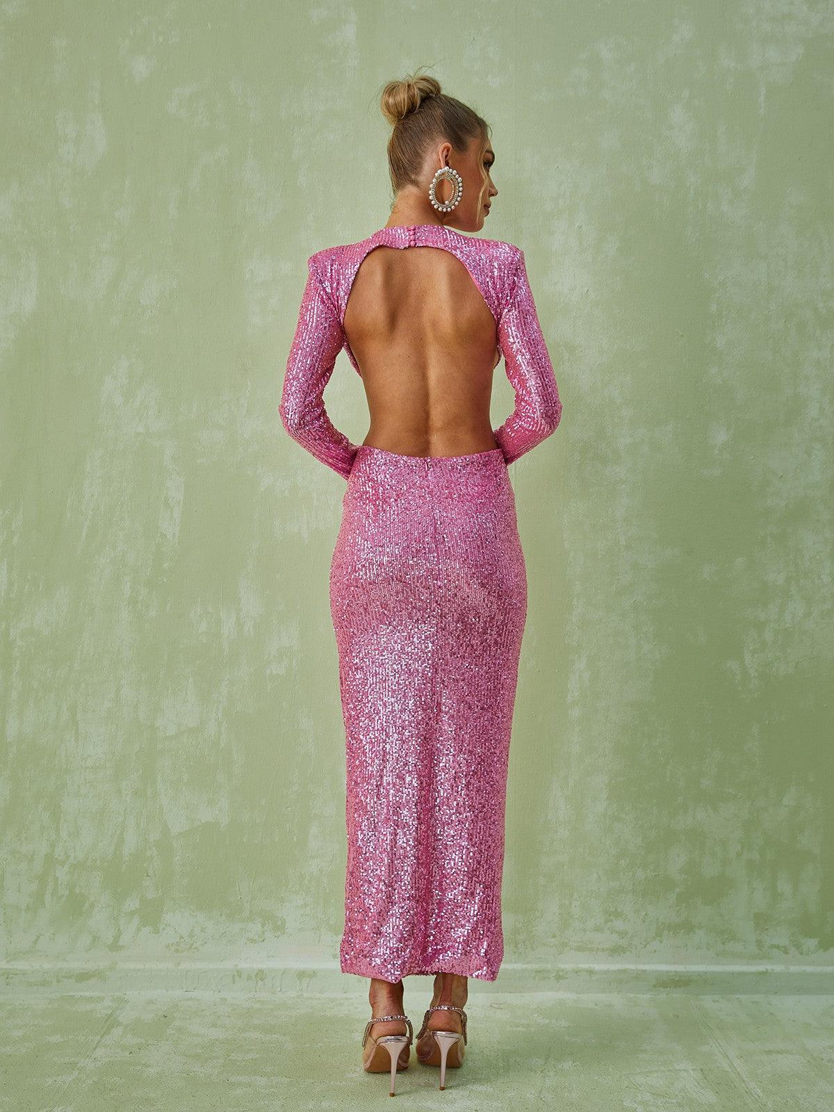 Rosstef Payetli Maxi Abiye Pembe