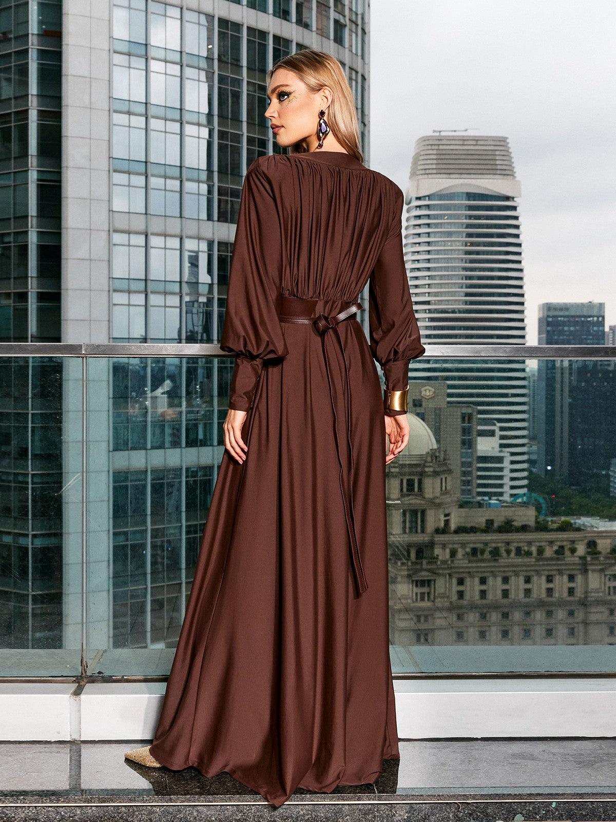Rosstef Cosmo V Yaka Belted Maxi Elbise