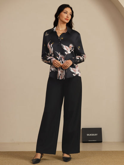 Rosstef 100% Dut İpek Uzun Kollu Devrik Yaka Yaka Women's Crane Baskı Button Bluz