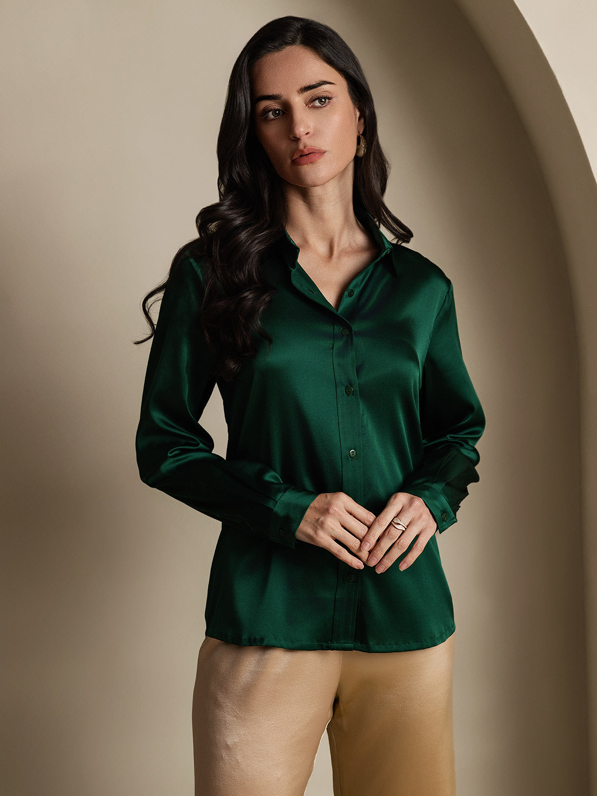 Rosstef 19Momme İpek Uzun Kollu Devrik Yaka Yaka Women's Shirt