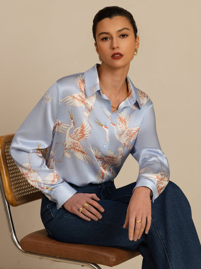 Rosstef 100% Dut İpek Uzun Kollu Devrik Yaka Yaka Women's Crane Baskı Button Bluz