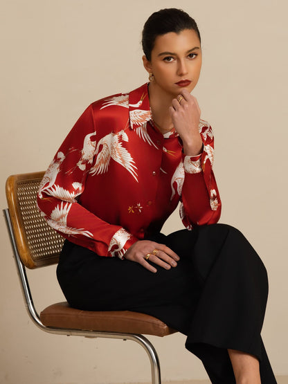 Rosstef 100% Dut İpek Uzun Kollu Devrik Yaka Yaka Women's Crane Baskı Button Bluz