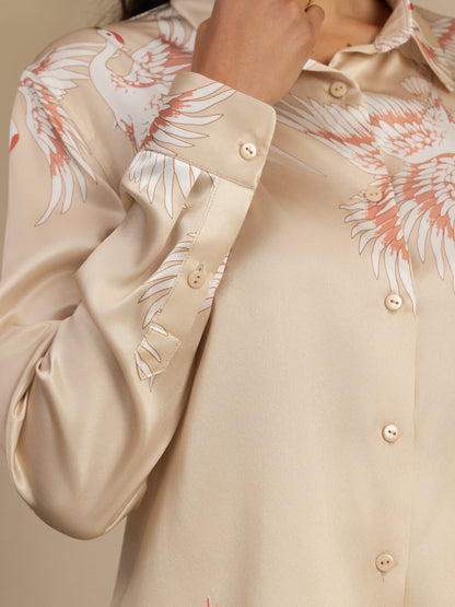 Rosstef 100% Dut İpek Uzun Kollu Devrik Yaka Yaka Women's Crane Baskı Button Bluz