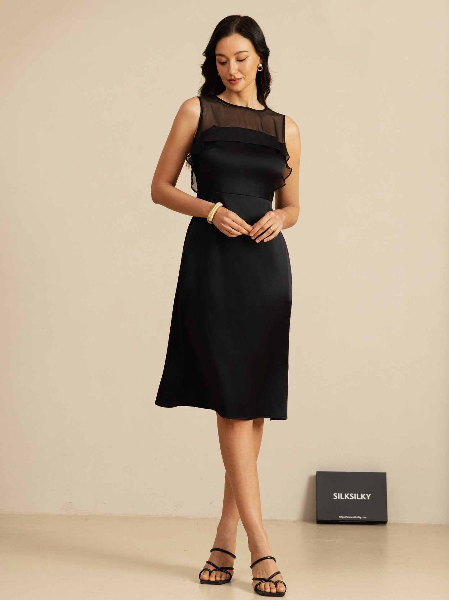 Rosstef 19Momme Saf İpek Illusion Yaka Kolsuz Knee Length