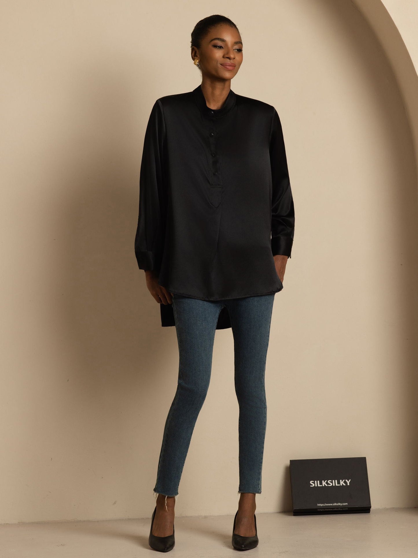 Rosstef 19Momme İpek Flex Stand Yaka High-Low Bluse