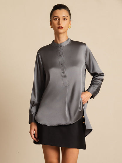 Rosstef 19Momme İpek Flex Stand Yaka High-Low Bluse