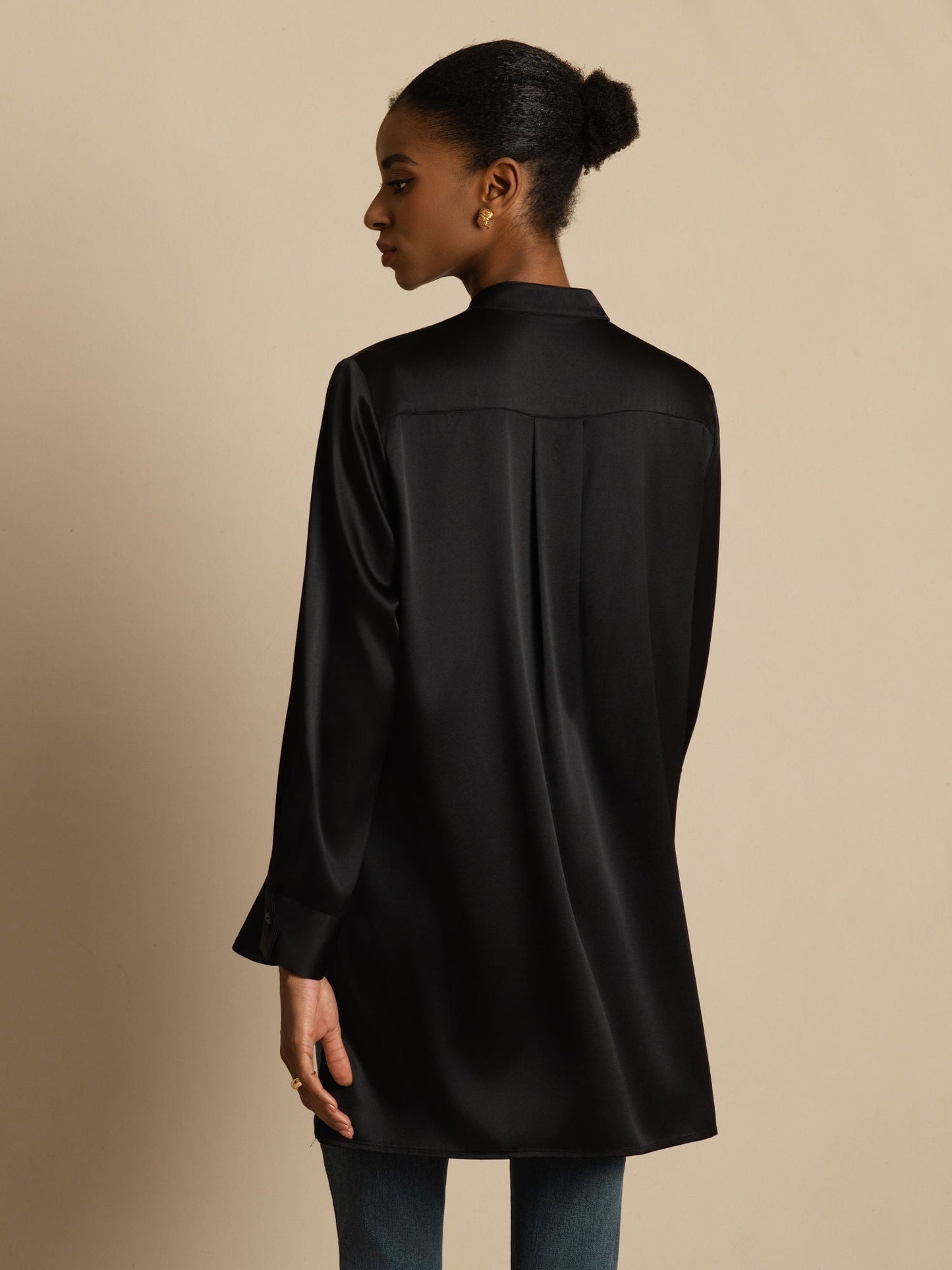 Rosstef 19Momme İpek Flex Stand Yaka High-Low Bluse
