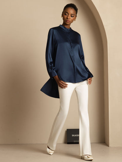 Rosstef 19Momme İpek Flex Stand Yaka High-Low Bluse