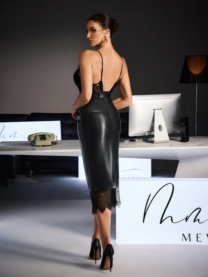 Rosstef İp Askılı Dantelli Leather Midi Elbise