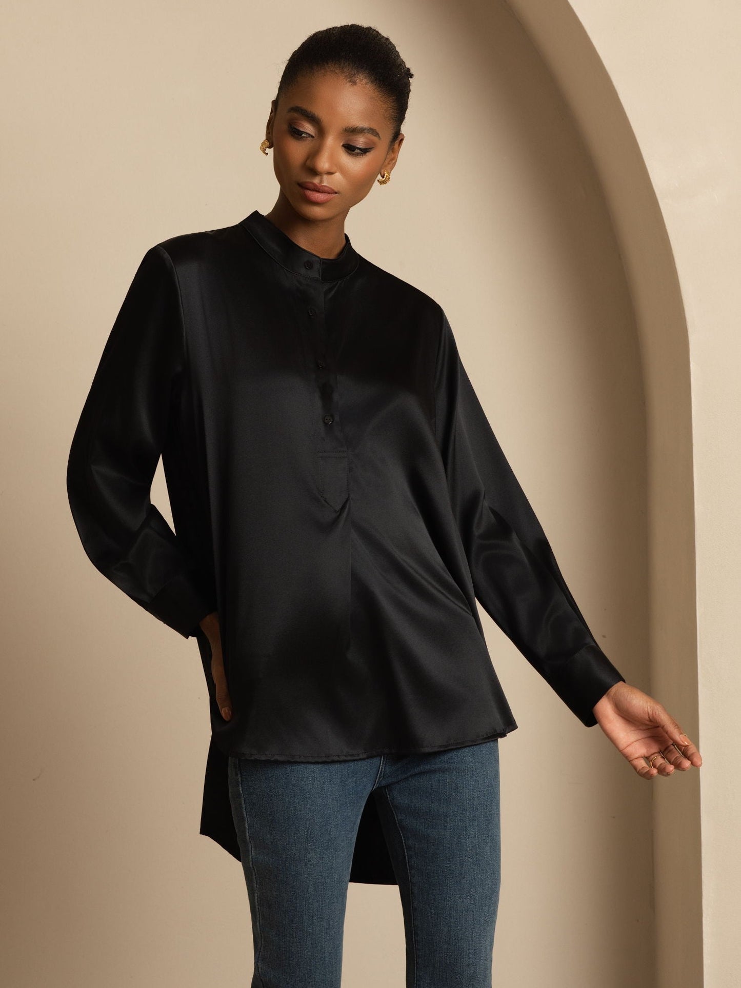 Rosstef 19Momme İpek Flex Stand Yaka High-Low Bluse