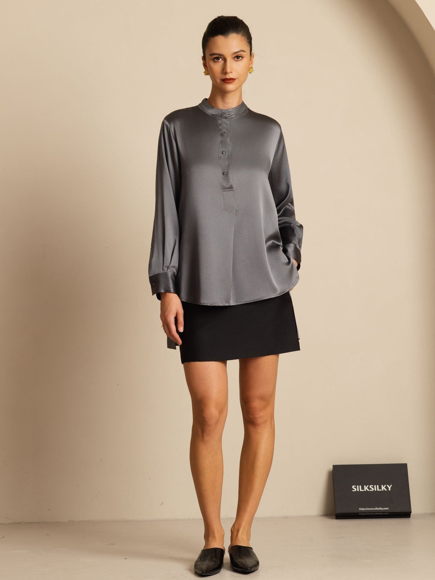 Rosstef 19Momme İpek Flex Stand Yaka High-Low Bluse
