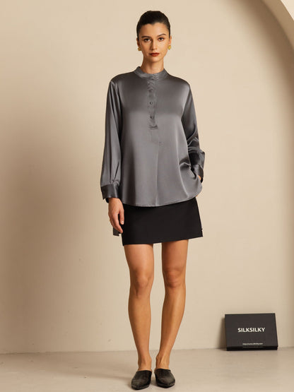 Rosstef 19Momme İpek Flex Stand Yaka High-Low Bluse