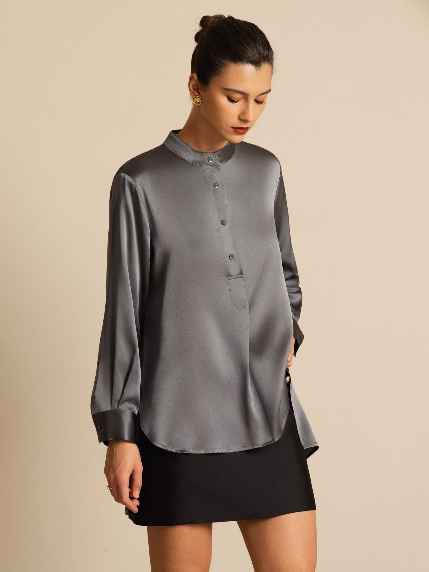 Rosstef 19Momme İpek Flex Stand Yaka High-Low Bluse