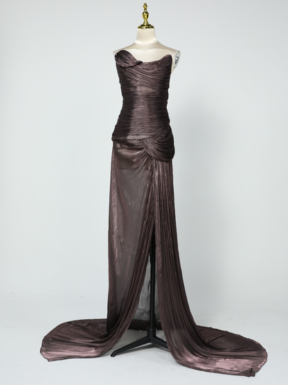 Rosstef Maviden Brown Straplez Maxi Elbise