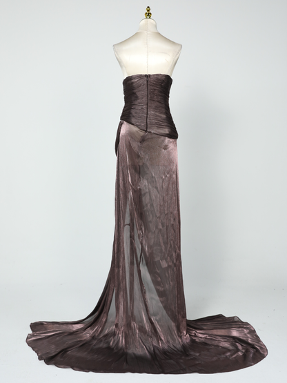 Rosstef Maviden Brown Straplez Maxi Elbise