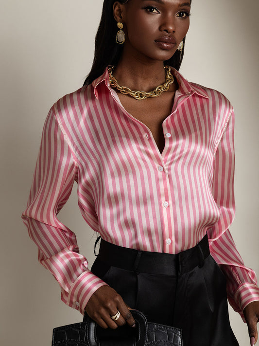Rosstef 19Momme İpek Çizgili Baskı Uzun Kollu Devrik Yaka Yaka Kadın Evi