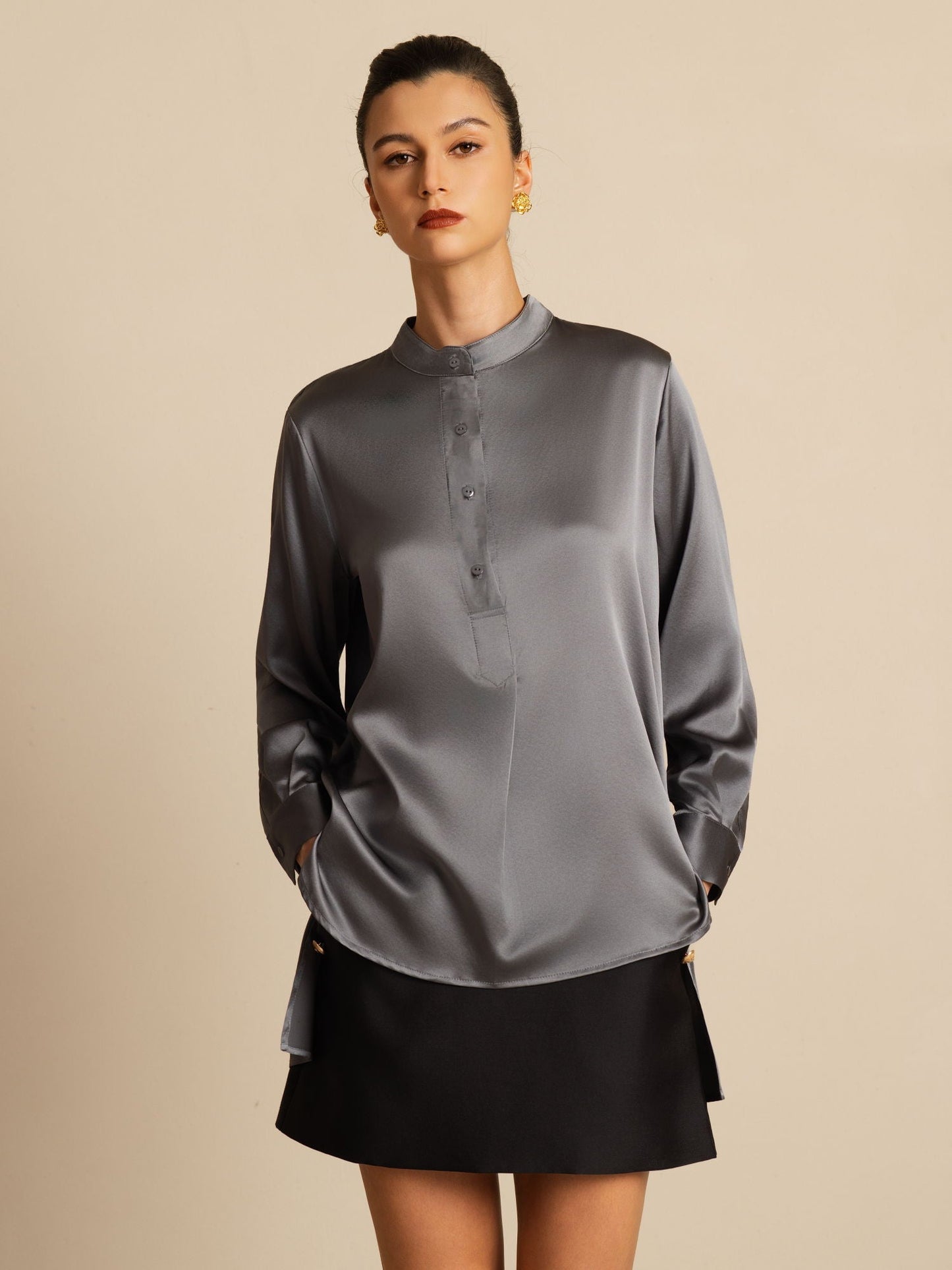 Rosstef 19Momme İpek Flex Stand Yaka High-Low Bluse