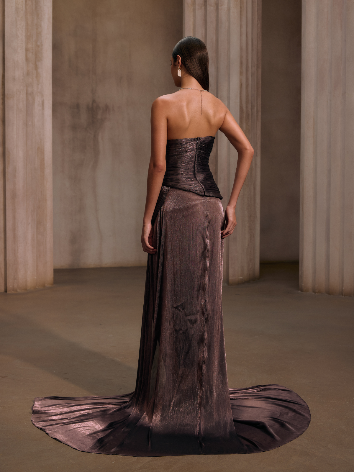 Rosstef Maviden Brown Straplez Maxi Elbise