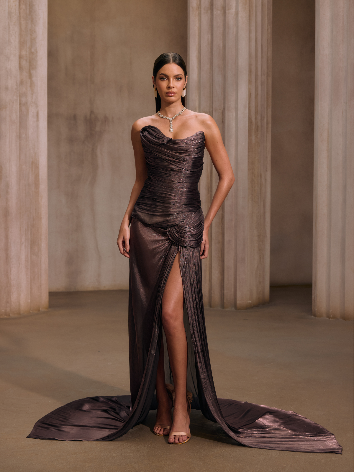 Rosstef Maviden Brown Straplez Maxi Elbise