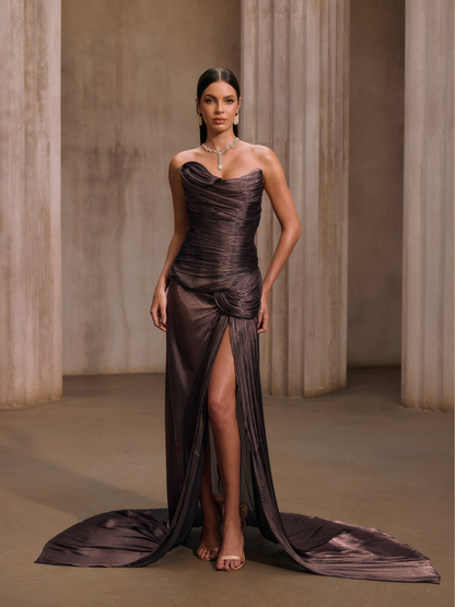 Rosstef Maviden Brown Straplez Maxi Elbise