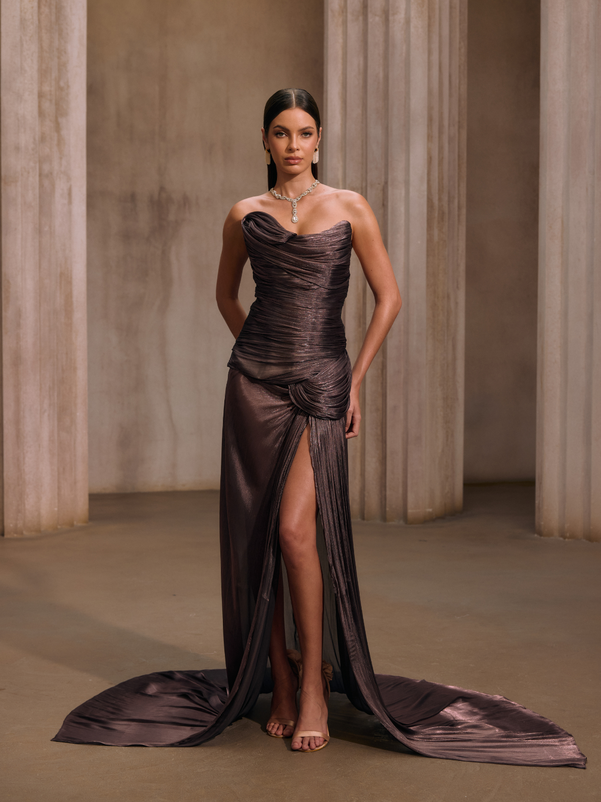 Rosstef Maviden Brown Straplez Maxi Elbise