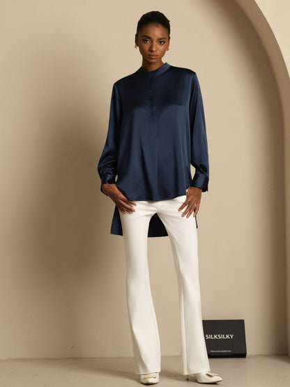 Rosstef 19Momme İpek Flex Stand Yaka High-Low Bluse
