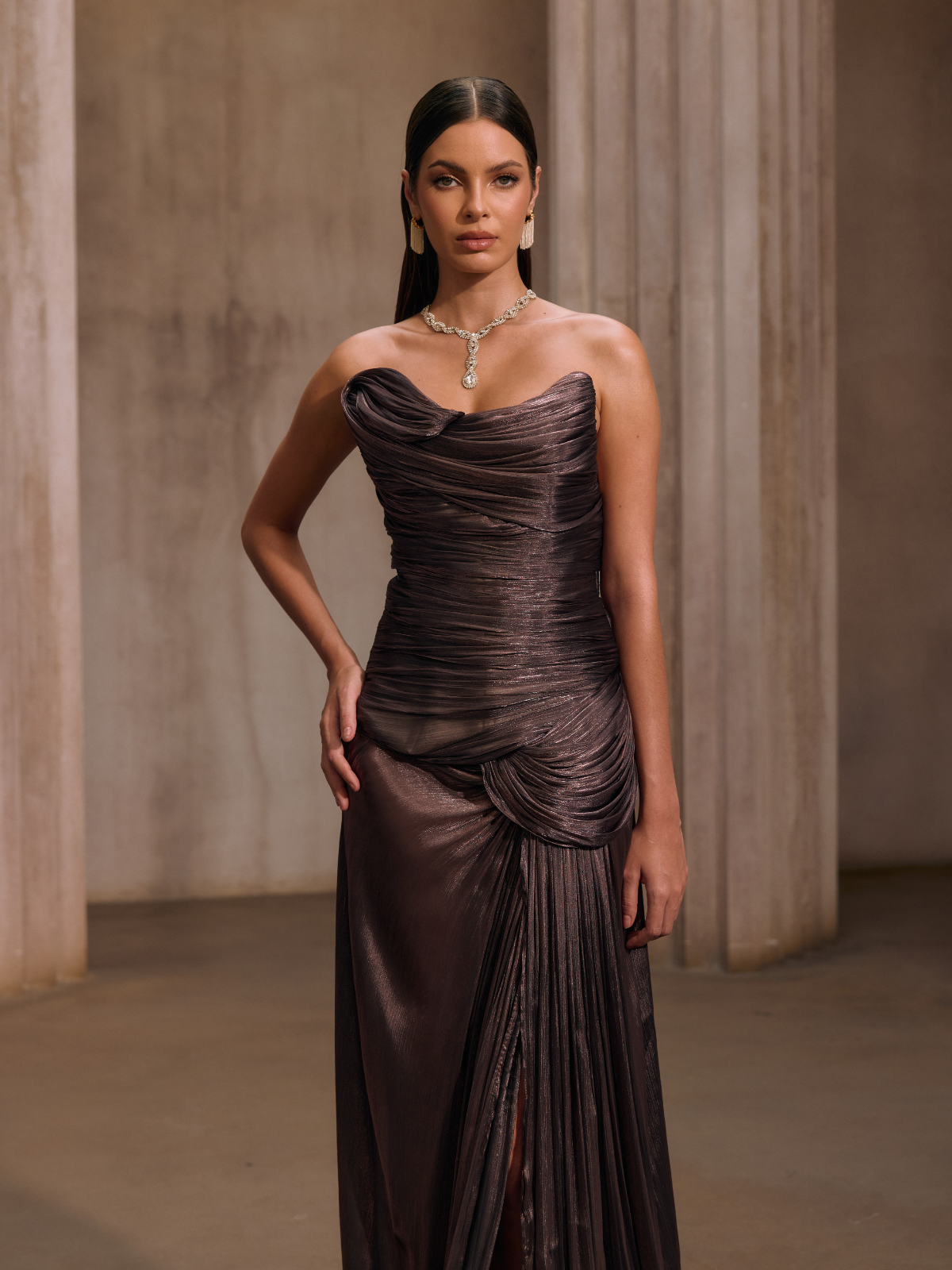 Rosstef Maviden Brown Straplez Maxi Elbise