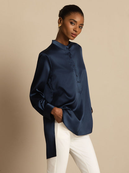 Rosstef 19Momme İpek Flex Stand Yaka High-Low Bluse