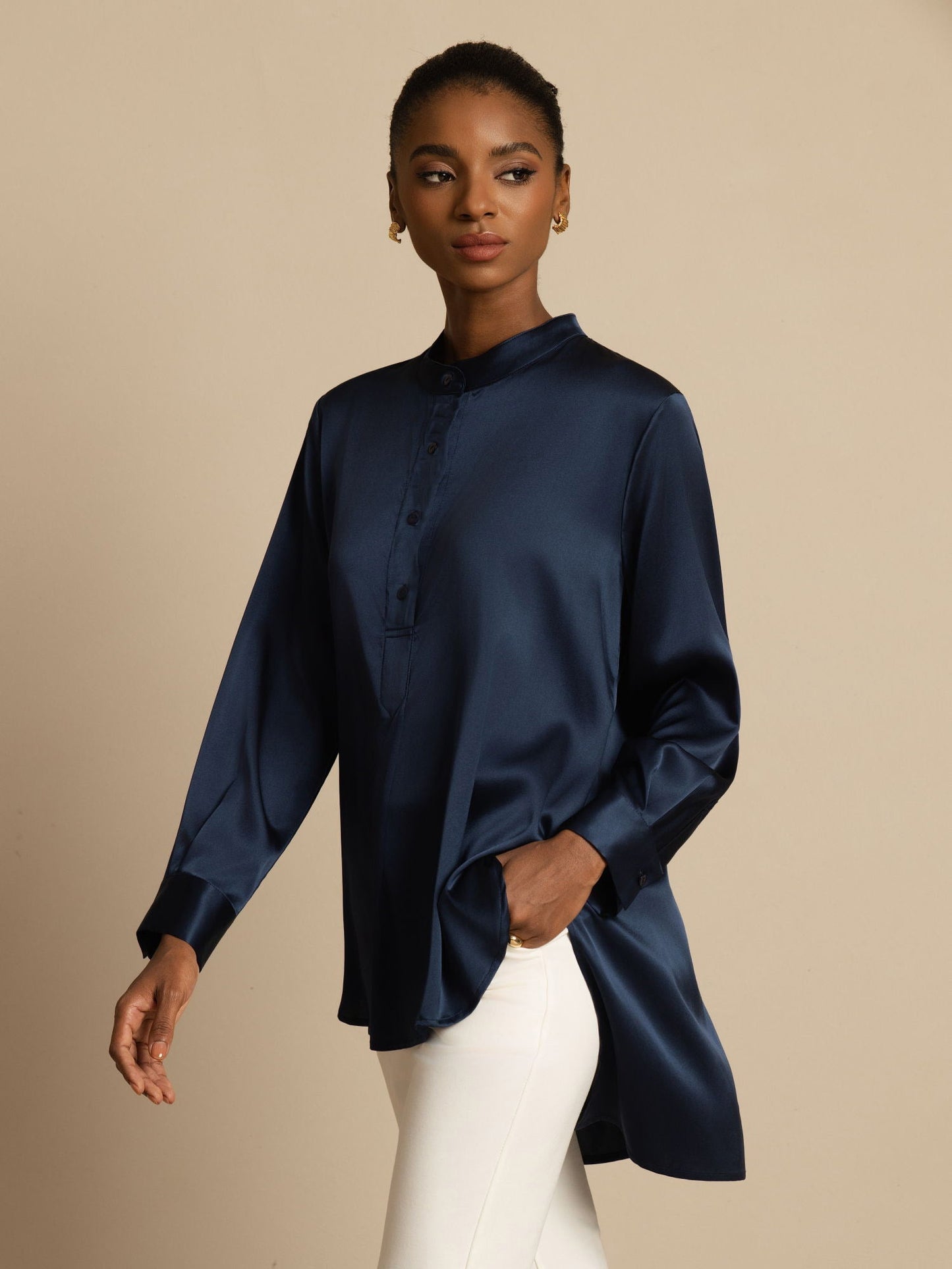 Rosstef 19Momme İpek Flex Stand Yaka High-Low Bluse
