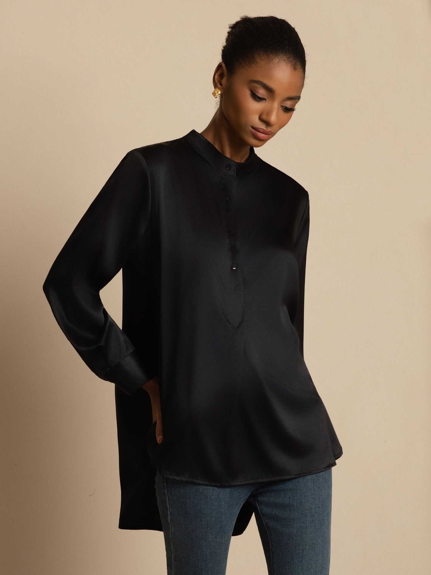 Rosstef 19Momme İpek Flex Stand Yaka High-Low Bluse
