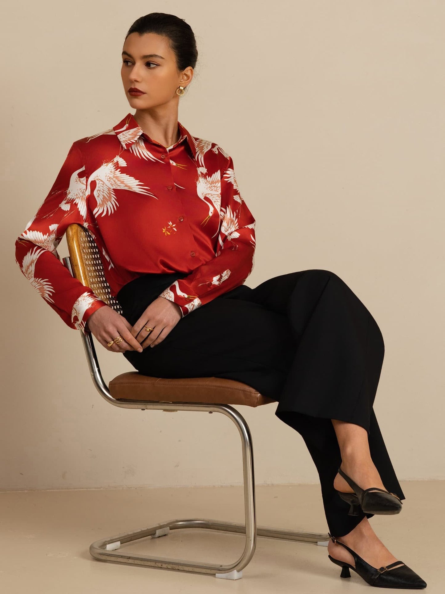 Rosstef 100% Dut İpek Uzun Kollu Devrik Yaka Yaka Women's Crane Baskı Button Bluz