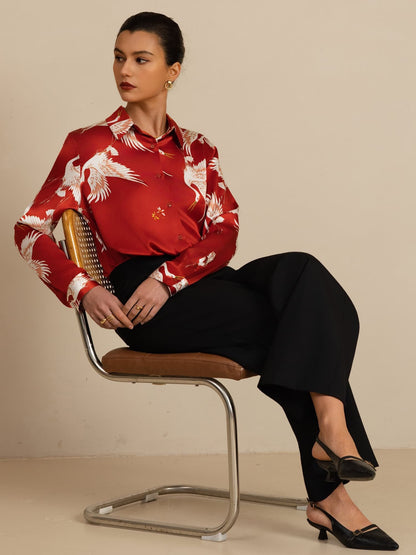 Rosstef 100% Dut İpek Uzun Kollu Devrik Yaka Yaka Women's Crane Baskı Button Bluz