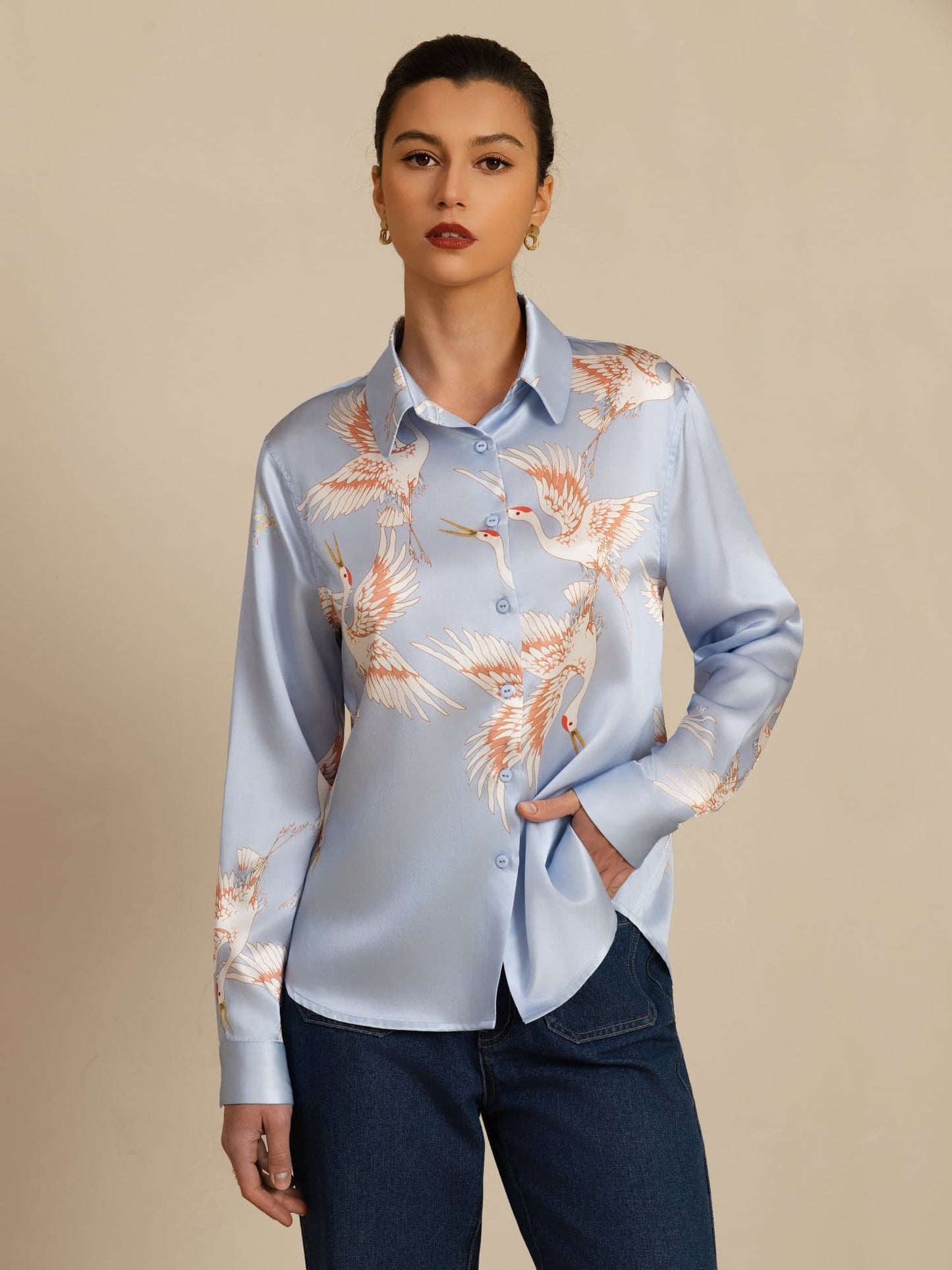 Rosstef 100% Dut İpek Uzun Kollu Devrik Yaka Yaka Women's Crane Baskı Button Bluz