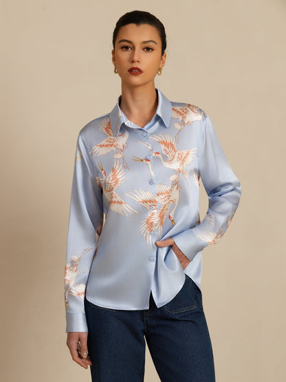 Rosstef 100% Dut İpek Uzun Kollu Devrik Yaka Yaka Women's Crane Baskı Button Bluz