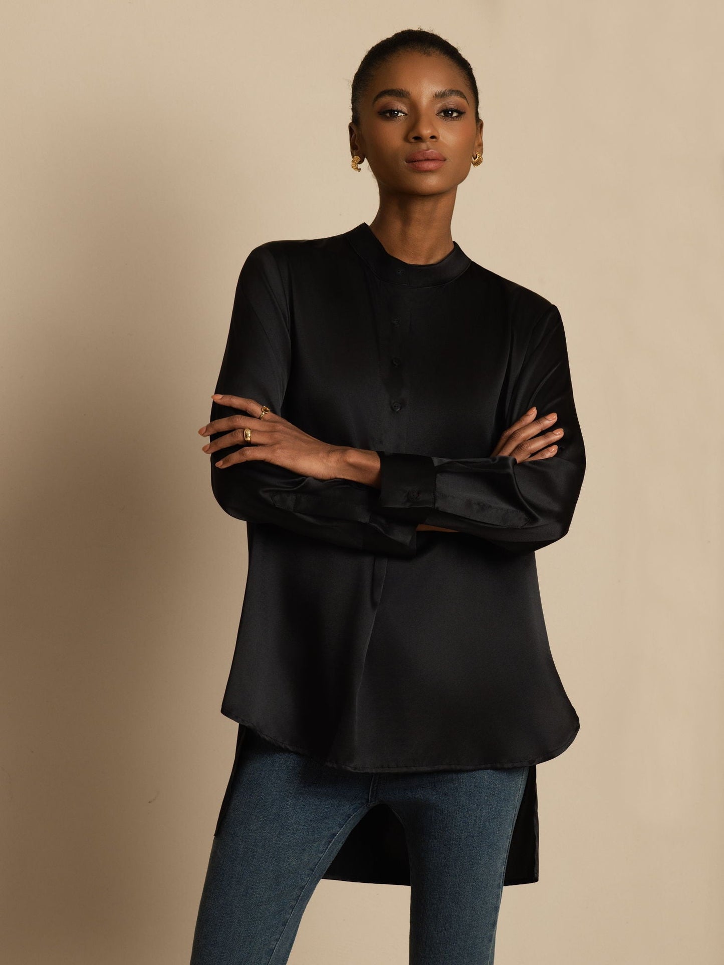 Rosstef 19Momme İpek Flex Stand Yaka High-Low Bluse