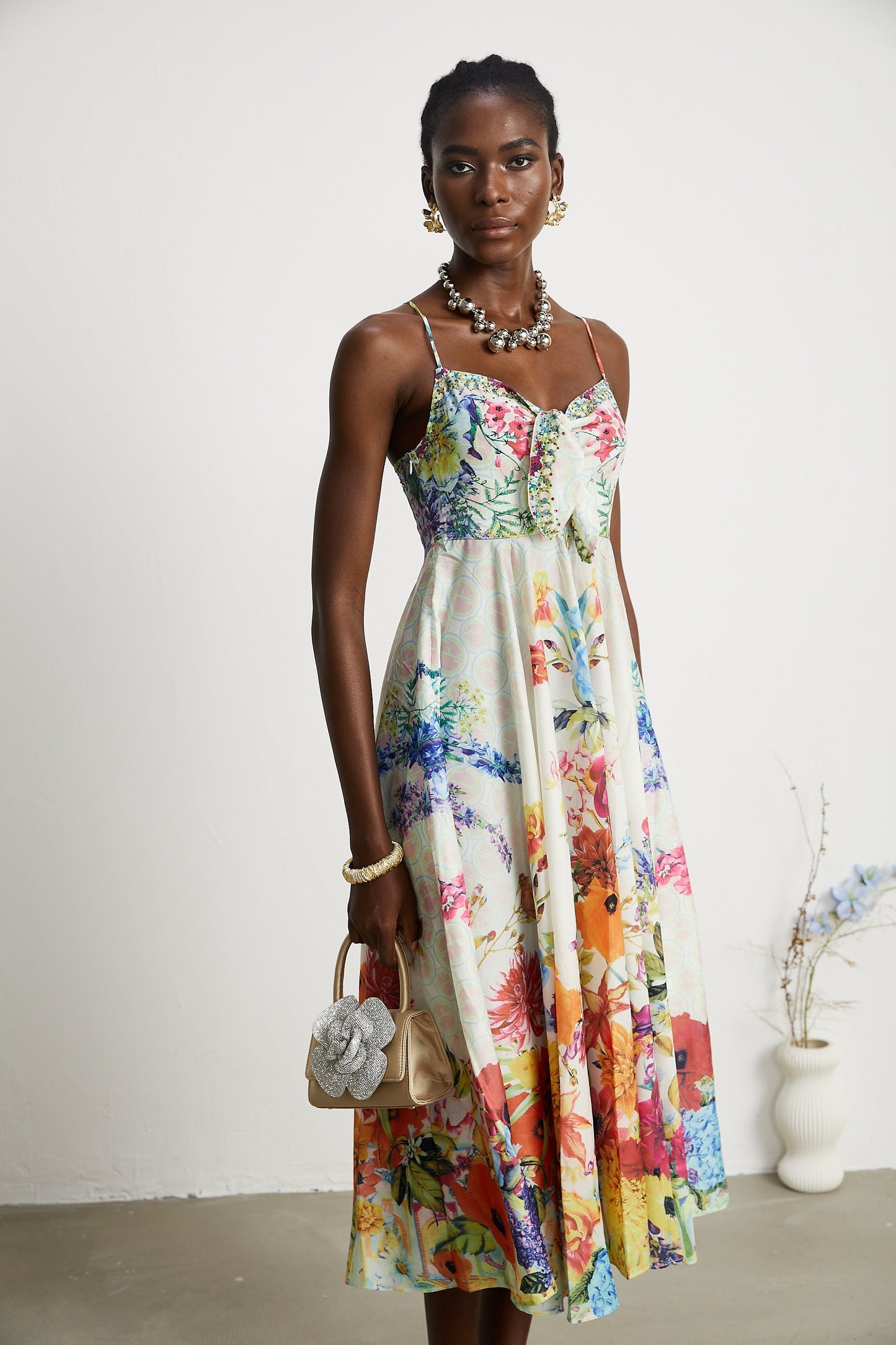 Sylvie Bağlamalı Çiçek Desenli Midi Elbise