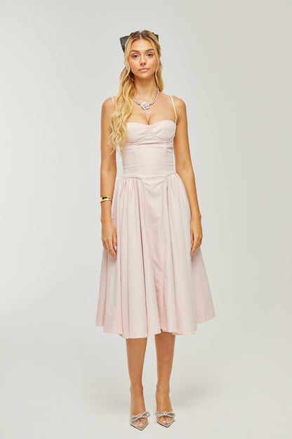 Soleil Pembe Pilili Korse Midi Elbise