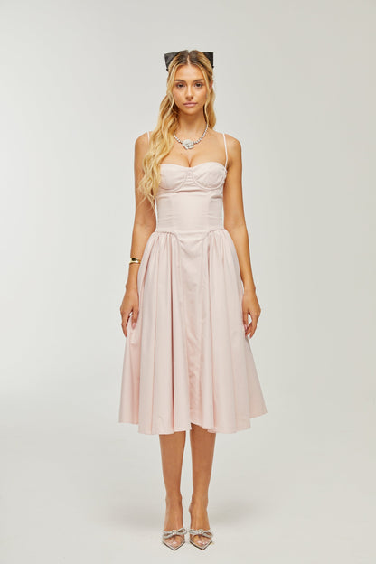Soleil Pembe Pilili Korse Midi Elbise