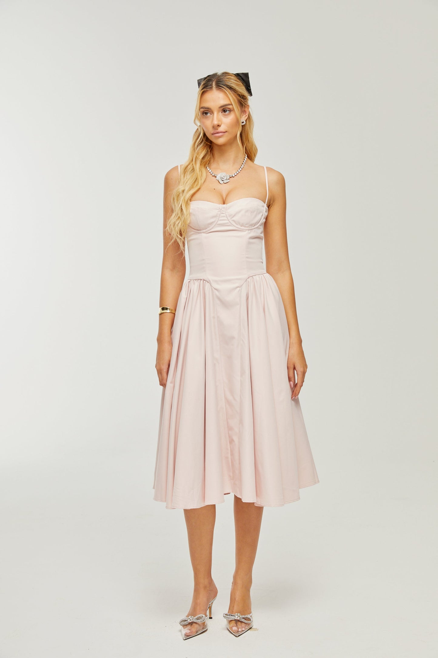 Soleil Pembe Pilili Korse Midi Elbise