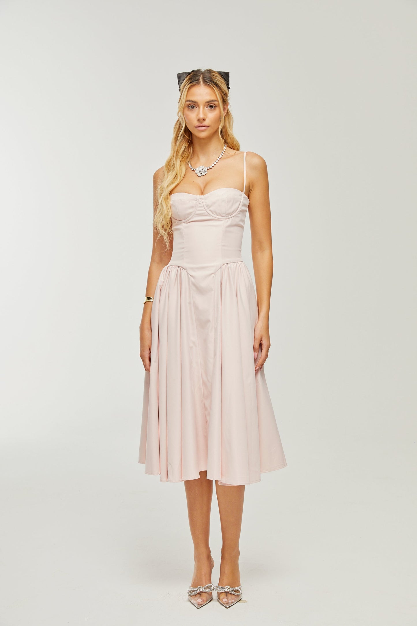 Soleil Pembe Pilili Korse Midi Elbise