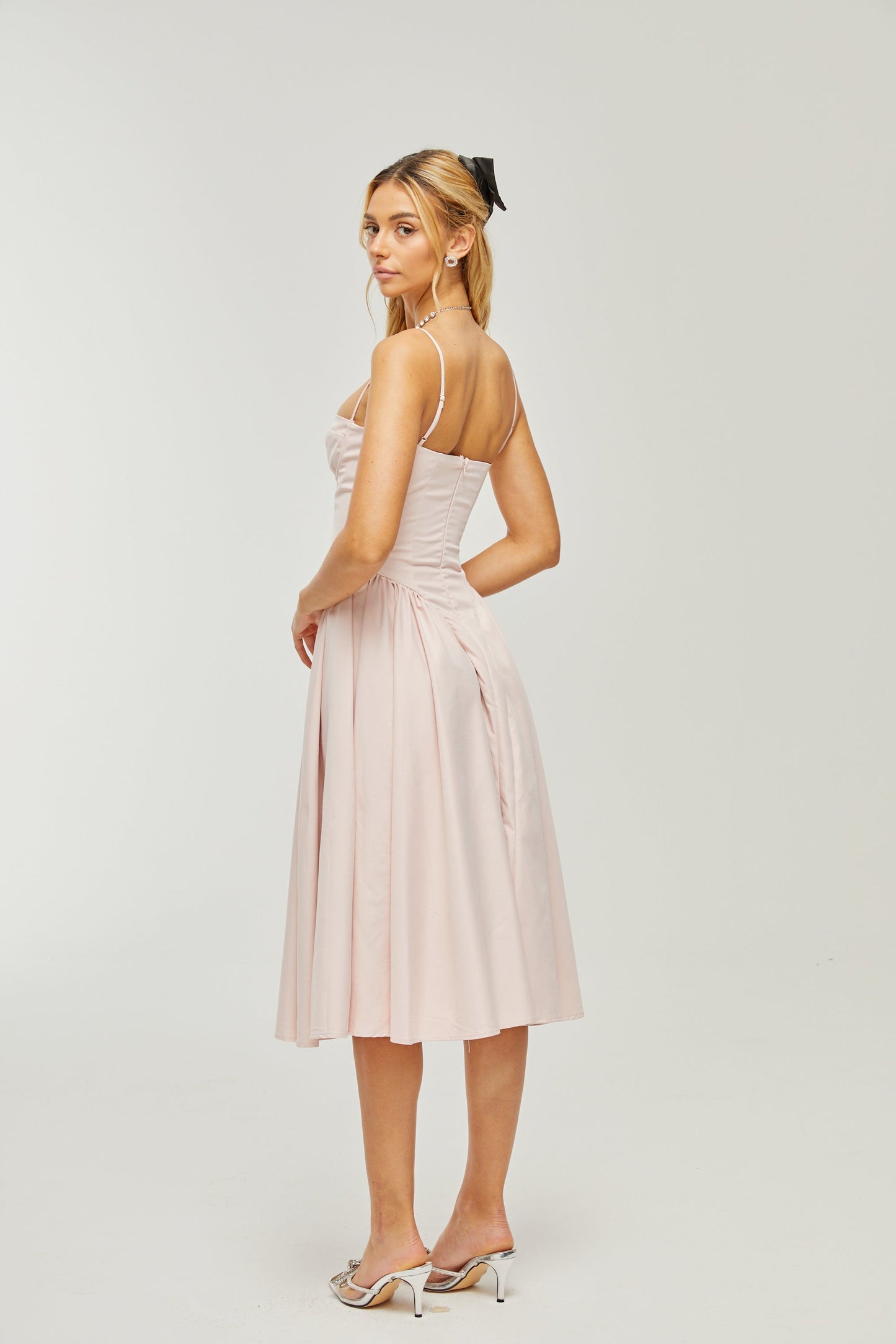 Soleil Pembe Pilili Korse Midi Elbise