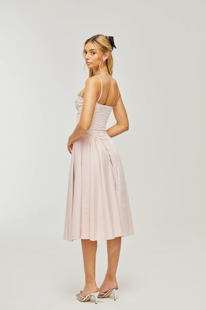 Soleil Pembe Pilili Korse Midi Elbise