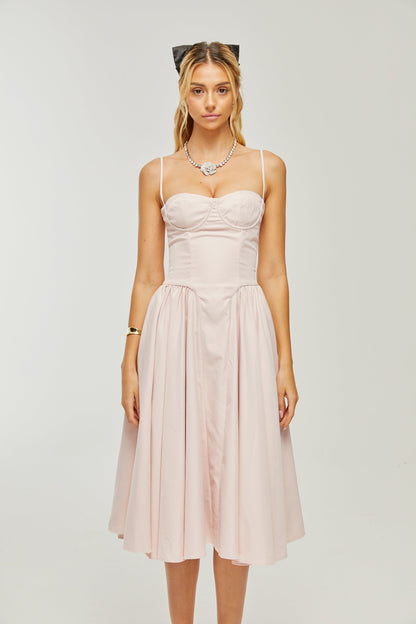 Soleil Pembe Pilili Korse Midi Elbise