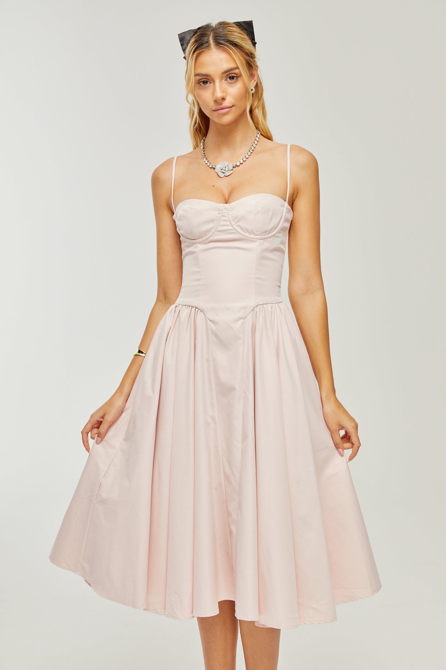 Soleil Pembe Pilili Korse Midi Elbise