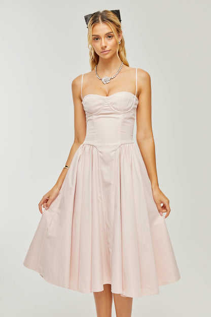 Soleil Pembe Pilili Korse Midi Elbise