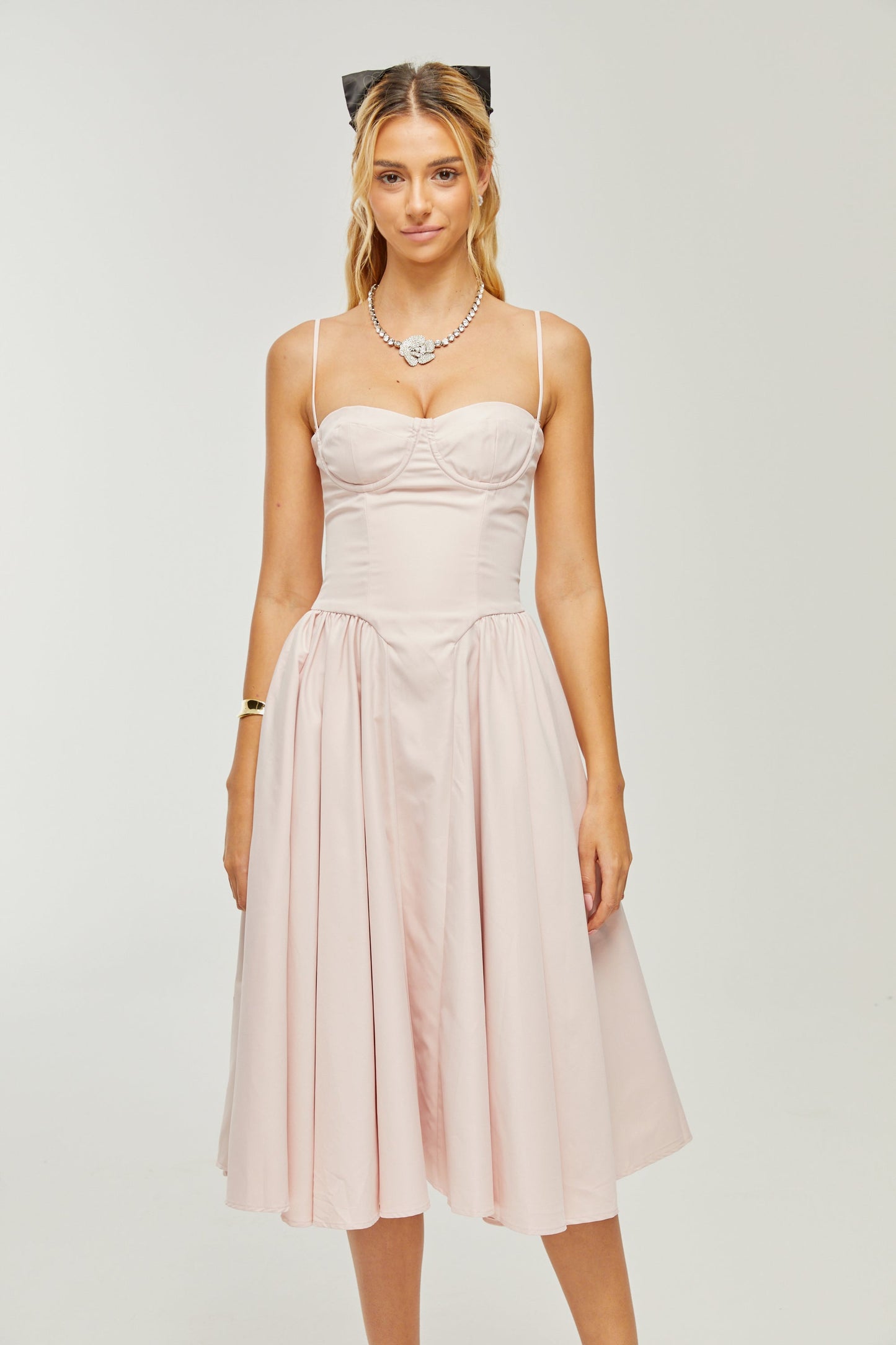 Soleil Pembe Pilili Korse Midi Elbise