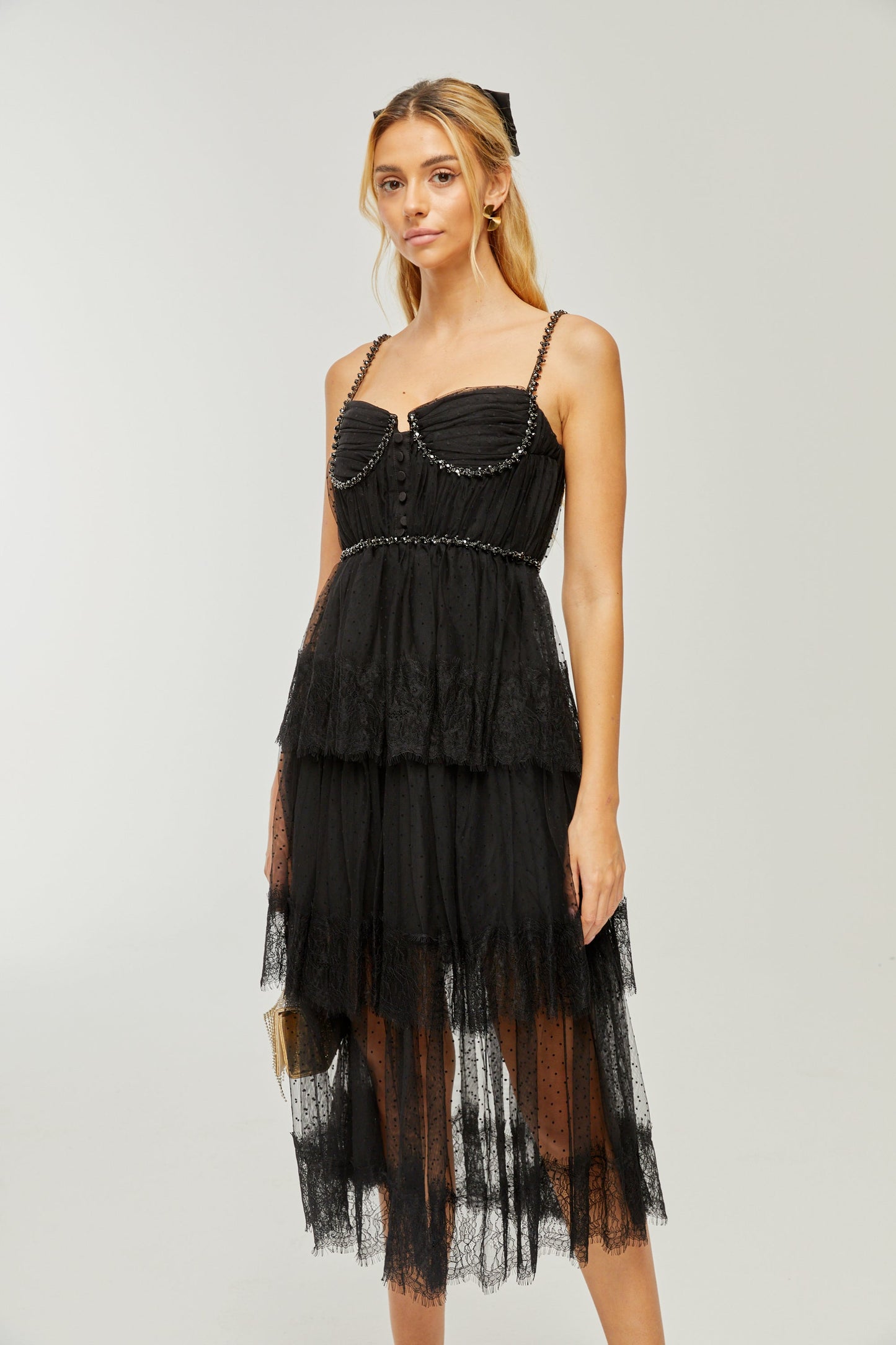 Solène Katmanlı Kristal Süslemeli Midi Elbise