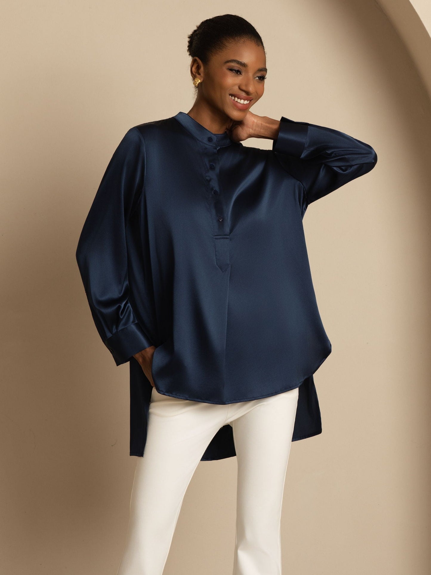 Rosstef 19Momme İpek Flex Stand Yaka High-Low Bluse
