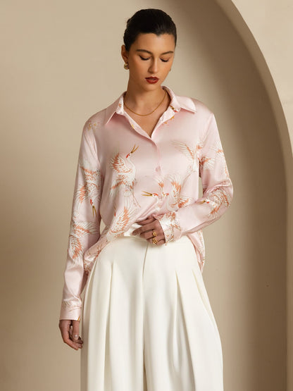 Rosstef 100% Dut İpek Uzun Kollu Devrik Yaka Yaka Women's Crane Baskı Button Bluz